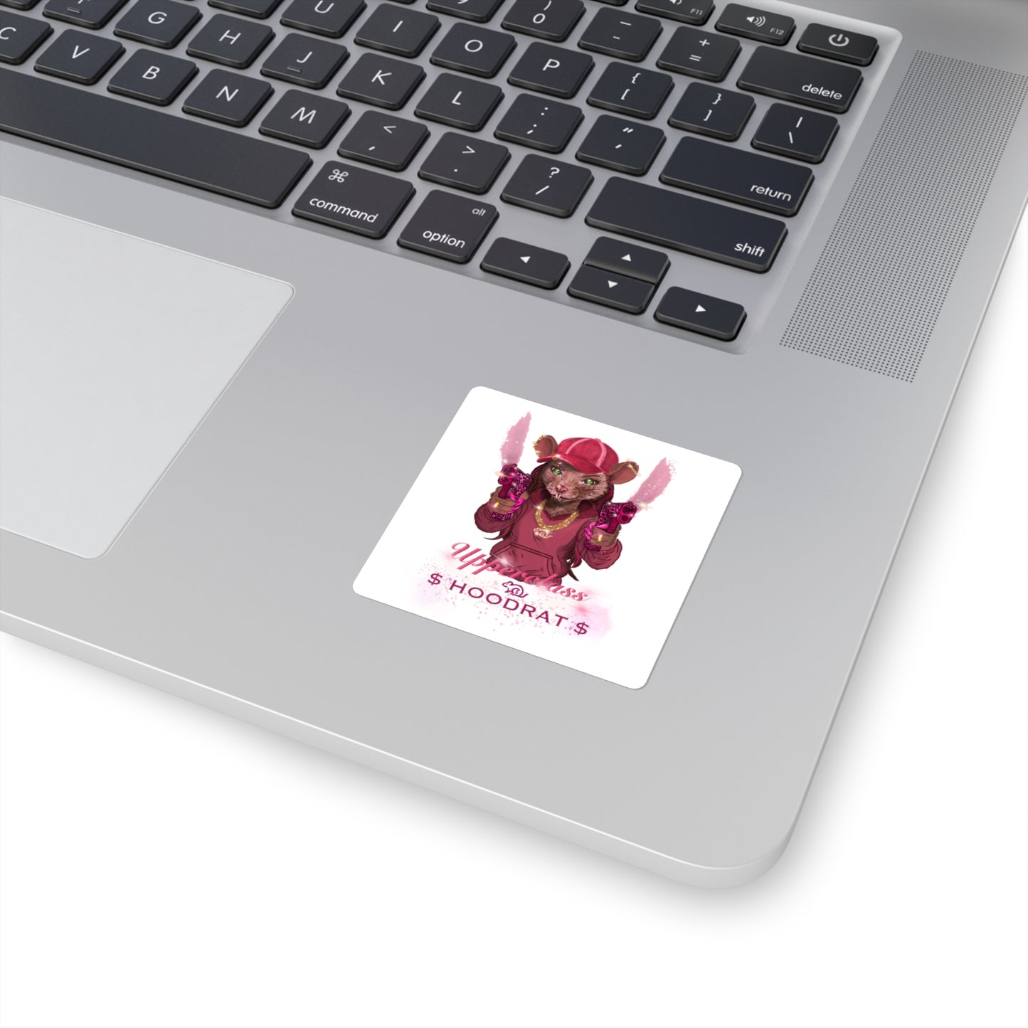 Square Sticker — 'Upperclass Hoodrat' Pink Gangster Rat Design